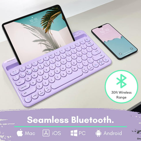 Macally Small Wireless Bluetooth Keyboard for Tablet and Phone, Rechargeable 78 Key iPad Keyboard with Stand - Purple