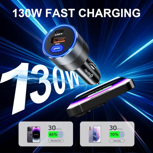 130W USB C Car Charger, 3 Ports Type C Adapter PD/PPS 100W + PD/QC 30W Fast Charging for iPhone 15/14/13 Pro Max,