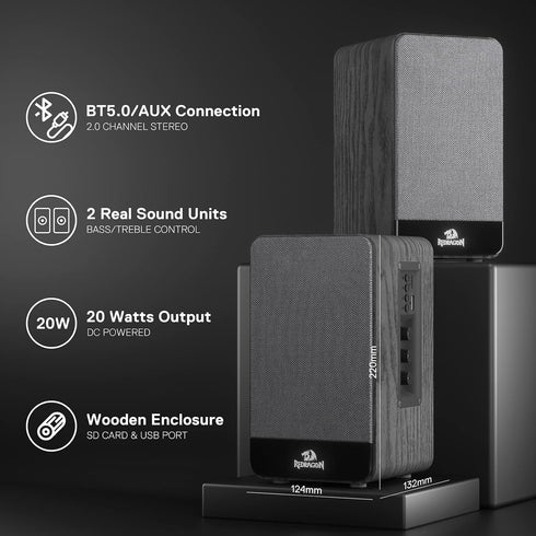 Redragon GS813 Wireless Desktop Speakers, 2.0 Bookshelf Speaker, 20W Output, BT 5.0, Enhanced Bass/Treble Knob