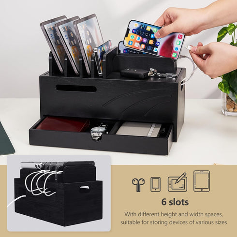 Homde Natural Bamboo Charging Station Rack for Multiple Devices, Cable Cord Management Box Organizer with 6 Slots Drawer