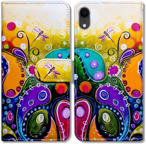 Bcov Case for iPhone XR, Colorful Dragonfly Leather Flip Wallet Cover, Card Slot Holder, Kickstand