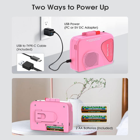Walkman Cassette Player AM/FM Radio, Portable Tape Player with Built-in Speakers, Manual Record - Pink