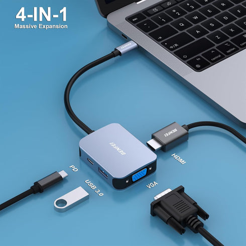 BENFEI USB C HUB 4in1, USB Type-C to HDMI VGA Adapter, USB C to USB Adapter, USB Type-C Power Delivery, Compatible with iPhone 15 Pro/Max, MacBook Pro/Air 2023, iPad Pro, iMac, S23, XPS 17