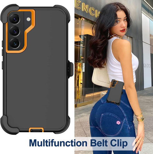 Samsung Galaxy S22 Heavy Duty Case with Belt Clip Holster, Rugged Shockproof Cover & 2X Screen Protectors (Orange)
