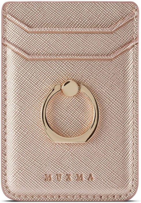 Phone Card Holder with Ring Grip, Adhesive Stick-on Credit Card Wallet Pocket for iPhone, Android (Rosegold)