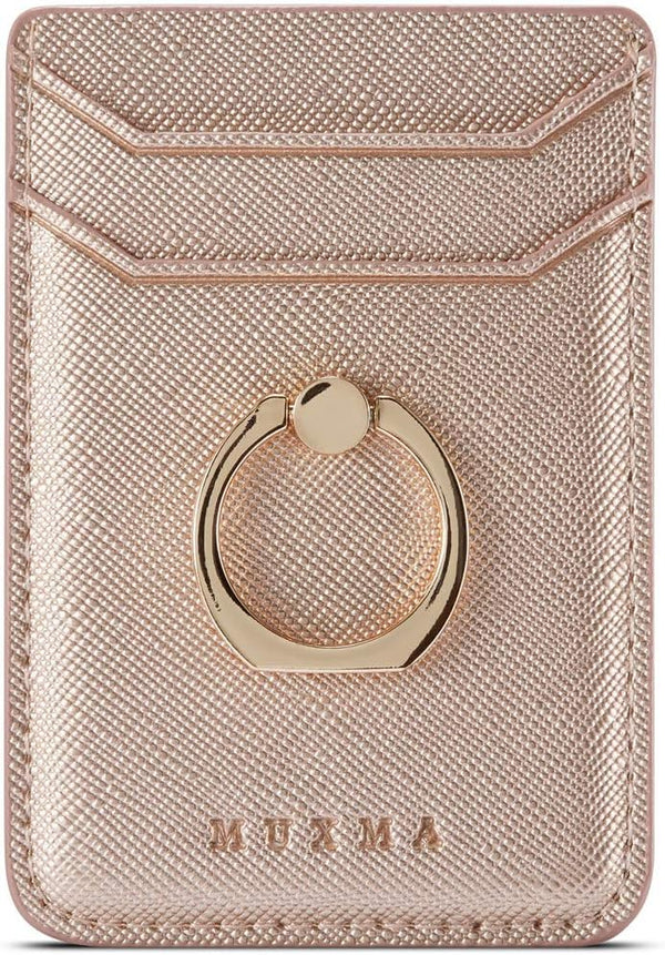 Phone Card Holder with Ring Grip, Adhesive Stick-on Credit Card Wallet Pocket for iPhone, Android (Rosegold)