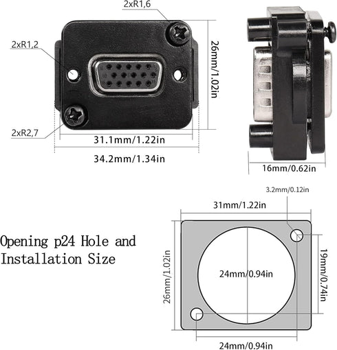 QIANRENON DB15 Panel Mount VGA Female to Female Connector, 3 Row 15 Hole Coupler, Transmits 1080P Analog Video Signal