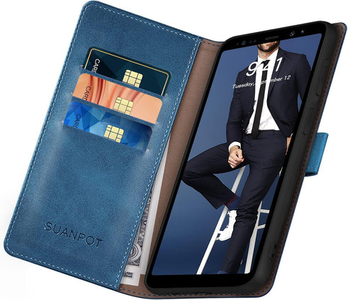 SUANPOT Samsung Galaxy Note 9 6.4" RFID Blocking Leather Wallet Case, Credit Card Holder Flip Folio Cover, Sky Blue