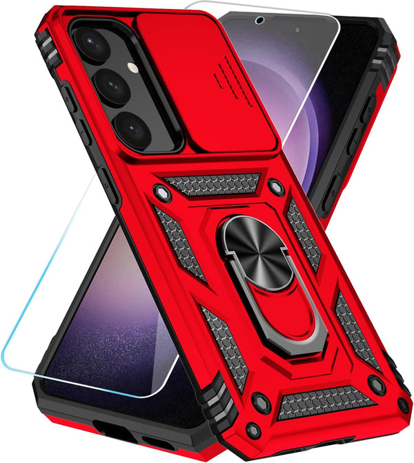 SunStory Galaxy S24 Case - Military-Grade Protection, HD Screen Protector, Kickstand & Slide Camera Cover (Red)
