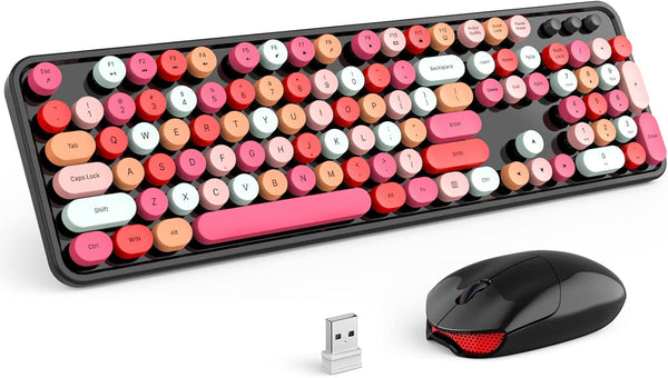 KNOWSQT Wireless Keyboard and Mouse Combo, Colorful Retro Typewriter Keyboard with Optical Mouse