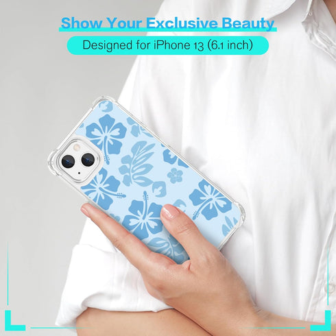 Blue Hibiscus Phone Case for iPhone 13 6.1 Inch, Shockproof TPU Clear Cute Blue Flower Design