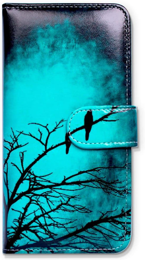Case for Moto E 2020/Motorola E, Black Bird Green Leather Flip Wallet Cover with Card Slot Holder Kickstand