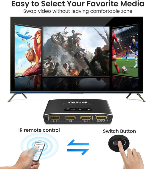 VWRHar 3 1 4K 4K 3D 1080P HDCP2.2 PS5 PS4 HDMI Switch in Out UHD HDMI Switcher Splitter, Automatic Switch with Remote
