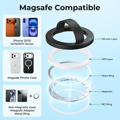 Mnyatr 360 17/16/15/14/13/12 Magnetic Silicone Ring Grip Phone Holder for MagSafe, Rotating Finger Loop, Strong
