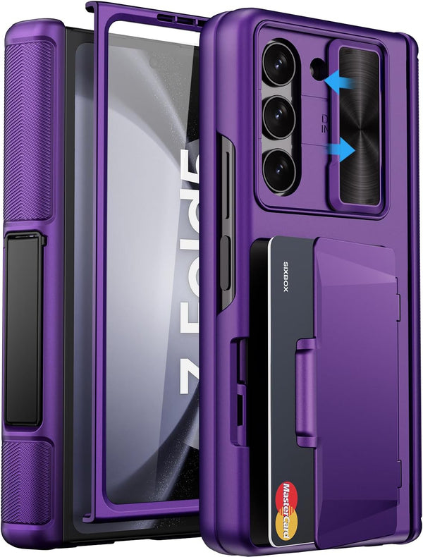 Galaxy Z Fold 5 Case - Card Holder & Kickstand & Hinge Protection & Sliding Lens Cover, Built-in Screen Protector,