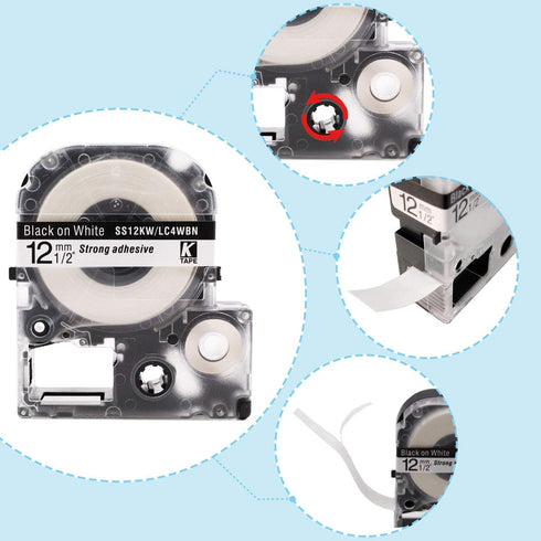 Absonic 2-Pack Compatible Label Tape for LK-4BWV LC-4BWV9 12mm 0.47" White on Black for Epson LabelWorks