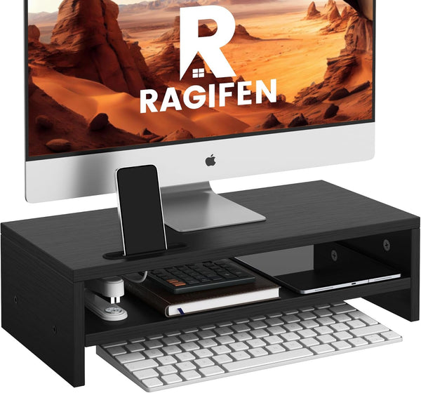 Wood Monitor Stand Riser - 2 Tier Black Computer Monitor Shelf for Desk Organizers, Easy to Assemble