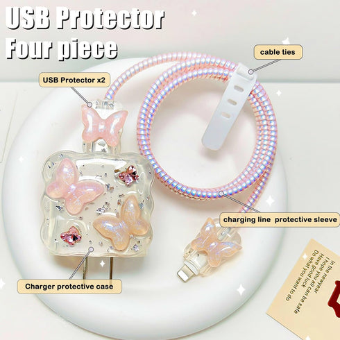 Cute Wave Cable Protector Compatible for iPhone Charger Adapter with Bling Pink Butterfly Laser Design,Data Line USB Cover Wire Cord Saver Lightning Cable Case for iPhone Charger by CameCosy