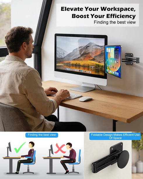 CloudValley 360Rotating 4.7-13" Foldable iPad Wall Mount Holder Compatible with MagSafe, with Base Adjustable Tablet