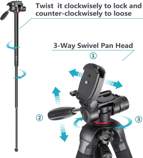 NEEWER Portable Aluminum Alloy 2 in 1 Tripod Monopod, Max 70"/177cm with 3 Way Swivel Pan Head, Carrying Bag
