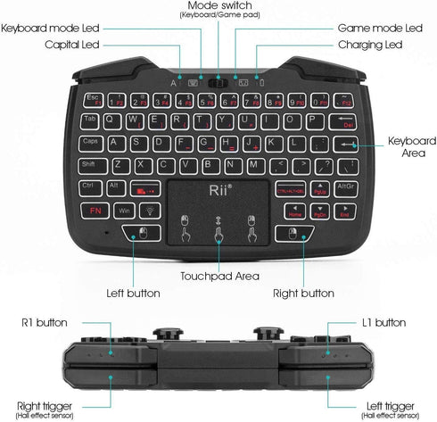 Rii RK707 Backlit 3 in 1 Wireless Game Controller, 62-Key Rechargeable Keyboard Mouse Combo for PC/Raspberry Pi/Android