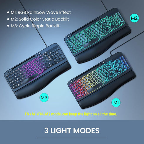 VEILZOR 7-Color Wired Ergonomic Keyboard, Backlit USB Computer Keyboard with Wrist Rest, Wave Keys, Phone Holder