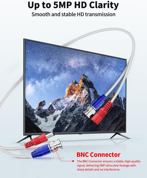 2-in-1 4-Pack 100FT Video Power Cable White Extension Wire with BNC Connectors and RCA Adapter for Outdoor Security