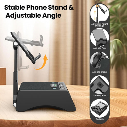 JTEMAN Gifts for Men Women, Cell Phone Stand with Wireless Bluetooth Speaker, Adjustable Tech Kitchen Gadget, Black