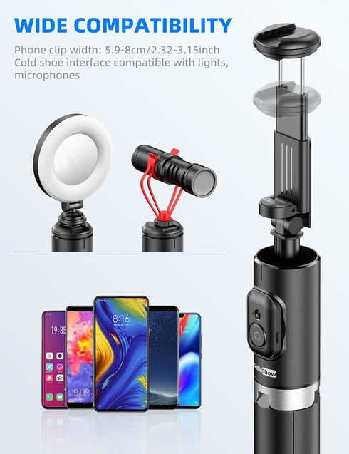 SelfieShow 72" All-in-1 17/16/15/14/13/Android Cell Phone Selfie Stick Tripod, Aluminum Selfie Stick with Integrated