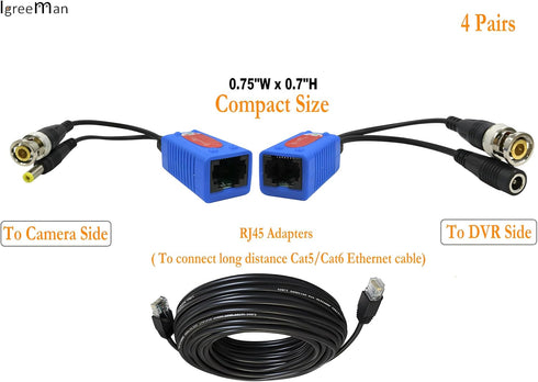 Igreeman 4 Pair Passive Video Balun BNC to RJ45 Adapter with Power, 1080P-8MP Ethernet Cable Transceiver for Cameras