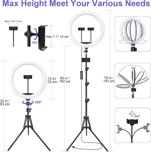 13" Selfie Ring Light with 63" Tripod Stand & 3 Phone Holders, LED Camera Ringlight with RGB Colors for Makeup/Videos