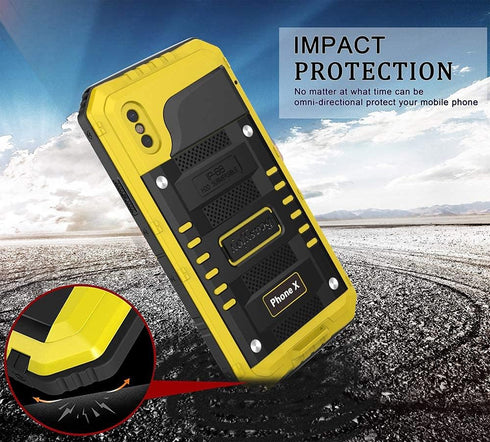 Beasyjoy iPhone X Case, Heavy Duty Metal Cover with Screen, Waterproof Shockproof, Military Grade Protection, Yellow,