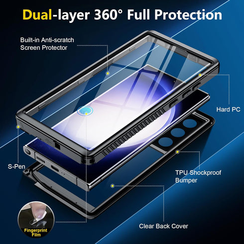 SPIDERCASE Waterproof Case for Samsung Galaxy S23 Ultra, Heavy Duty Shockproof with Built-in Screen & Camera Lens
