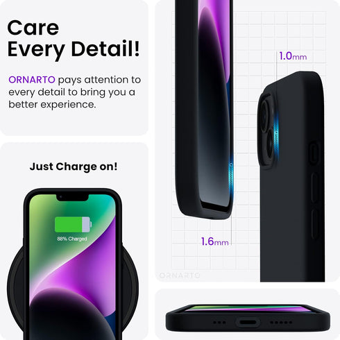 ORNARTO iPhone 14 Case 6.1" - Slim Black Liquid Silicone, 3 Layers Soft Gel Rubber Protective Cover.