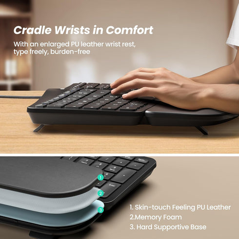 Nulea RT05C Wired Ergonomic Keyboard, Split Keyboard with Cushioned Wrist Rest, USB Corded for Windows/Mac