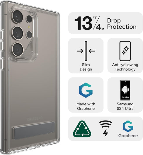 ZAGG Crystal Palace Case for Samsung Galaxy S24 Ultra - Ultra-Slim, Kickstand, 13ft Drop Resistant, Eco-Friendly, Clear