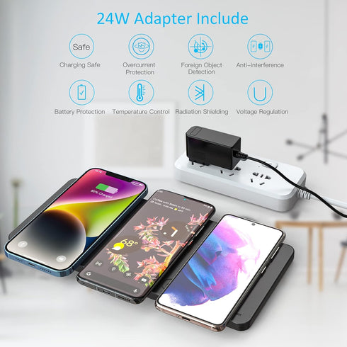 ZealSound Wireless Charging Pad, Ultra-Slim Triple Charger Station for 3 Devices & New Airpods, Black PU Leather