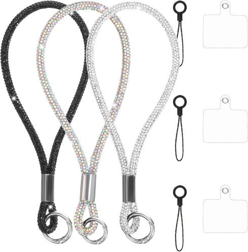 Alrhso 3 Pcs Bling Rhinestone Phone Wrist Strap Full Diamond Pendant Wrist Strap