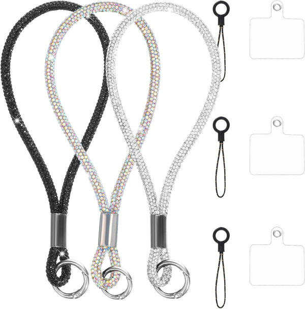 Alrhso 3 Pcs Bling Rhinestone Phone Wrist Strap Full Diamond Pendant Wrist Strap