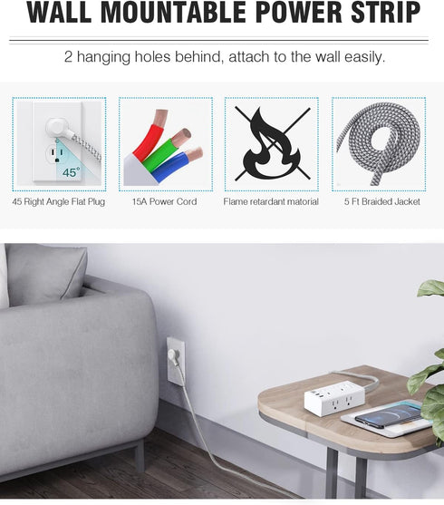 Power Strip Surge Protector, 6 Widely Outlets with 3 USB Ports (1 USB C), 5 Ft Extension Cord Flat Plug for Home Office