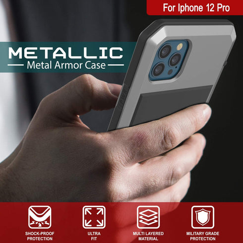 Punkcase Heavy Duty Metal Case for iPhone 12 Pro, Military Grade Armor Cover, Shock Proof Aluminum & TPU Design (Silver)