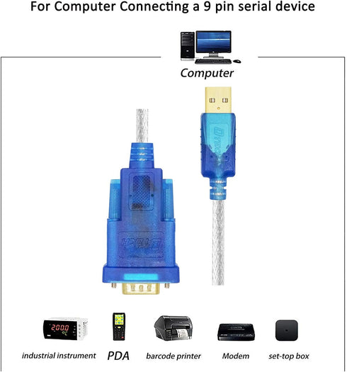 DTECH 10 Feet USB 2.0 to RS232 DB9 Serial Port Adapter Cable with FTDI Chipset for Windows 11, 10, 8, 7 and Mac Linux