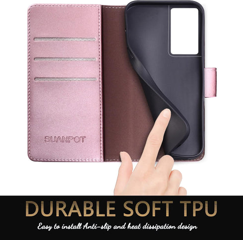 SUANPOT Rose Gold Leather Wallet Case for Samsung Galaxy S21 Ultra 6.8", RFID Blocking, Flip Folio Book Phone Case,