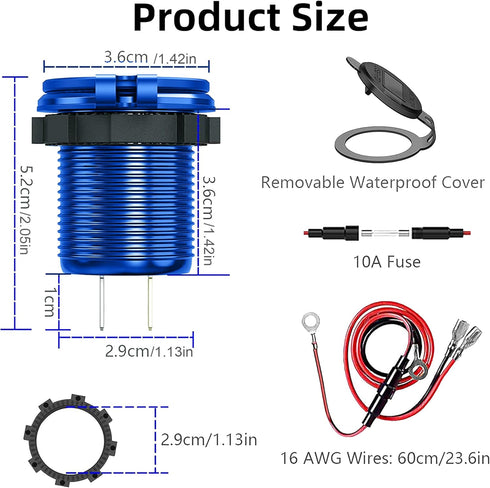 12V-24V USB Charger, Dual Port QC 3.0 Fast Charging, Waterproof & Dustproof for Vehicles and Boats