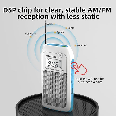 TOMASHI Preset MP3 Tiny Portable AM/FM Radio with DSP, Auto Scan & Channels, Stereo Headphone Output, Micro SD Player