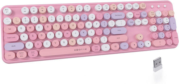 UBOTIE Colorful Wireless Keyboard, Retro Typewriter Round Keycaps, Bluetooth & USB Receiver, Multi-Device Support (Pink)