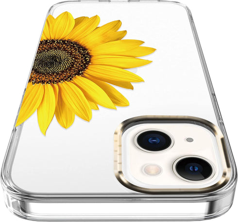 BAISRKE Clear Case with Flowers for iPhone 13, Shockproof Floral Pattern Hard Back Cover, Yellow Sunflower