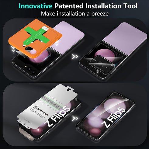 YWXTW [ 2023 Upgraded Alignment Tool for Samsung Galaxy Z Flip 5 Screen Protector, 2 Pack Inner Soft EPU + 2 Pack Front Tempered Glass + 2 PCS Metal Camera Lens Protector, Case Friendly