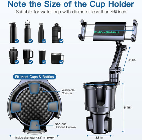 2 in 1 Car Cup Holder Phone Tablet Mount, Adjustable Long Arm with 360° Rotation for All Smartphones and Tablets