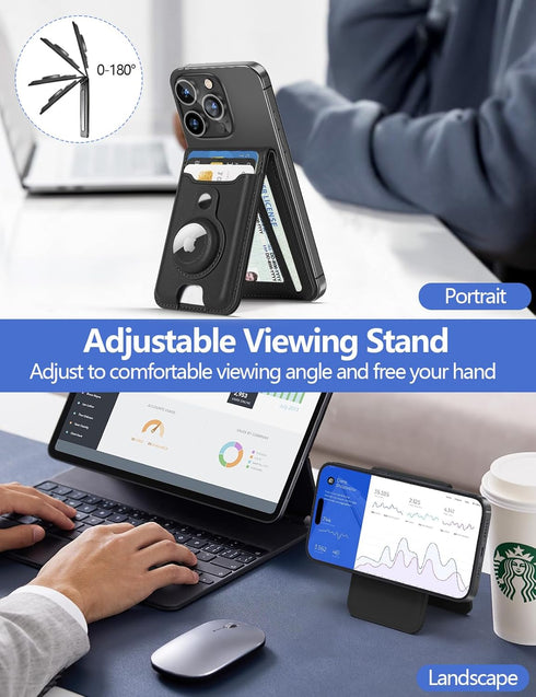 HiWe MagSafe Wallet Stand with Airtag Holder, Strong Magnetic Card Holder for iPhone 16/15/14/13/12, Vegan Leather,